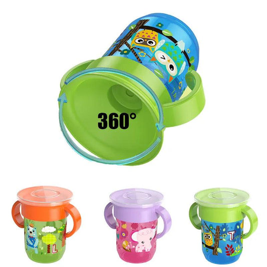 360 Rotated Cartoon Baby Learning Drinking Cup with Double Handle Flip Lid Leakproof