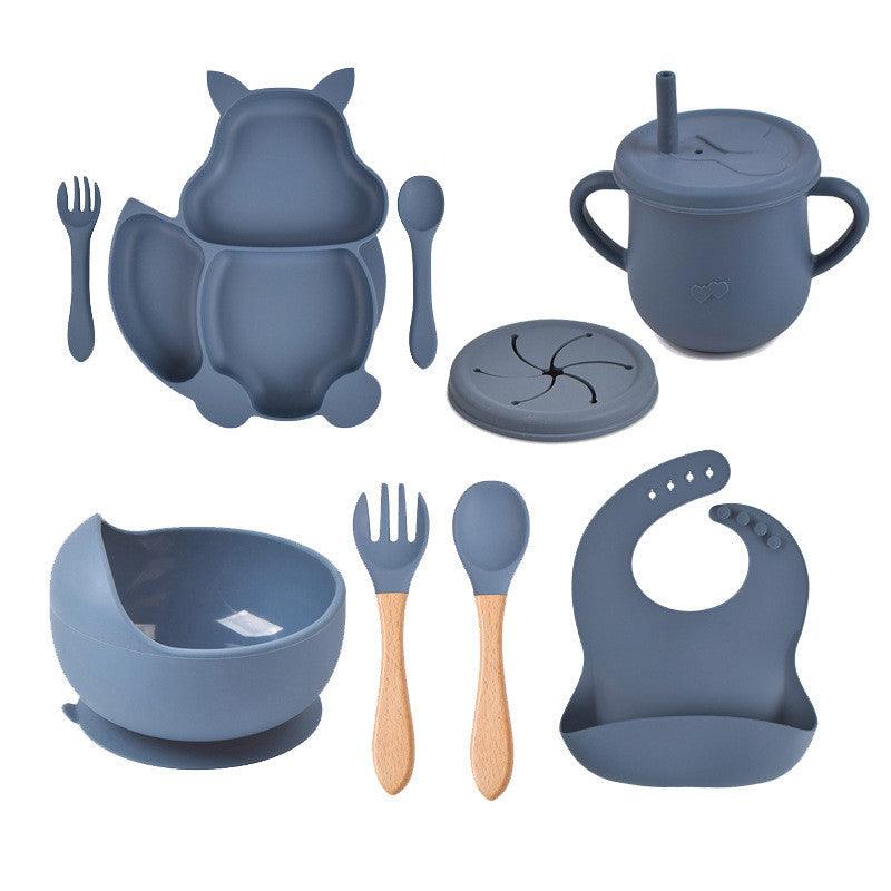 8 PCs Babies' Tableware Set Squirrel Dinner Plate Cup With Straw