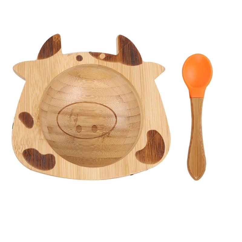 Bamboo  Animal Dinner  Bowl And Plate Silicone Spoon Set