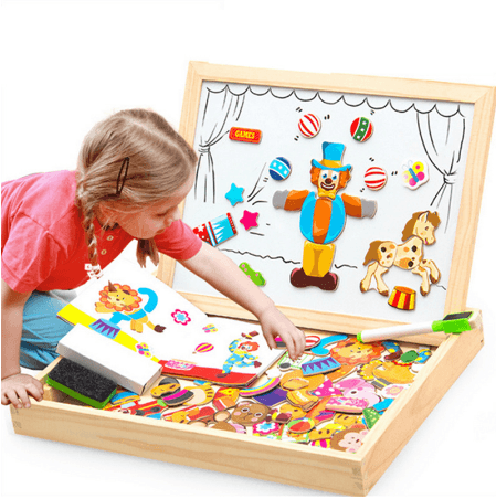 Wooden Magnetic 3D Puzzle Box Figure Animals Circus And  Writing Drawing Board