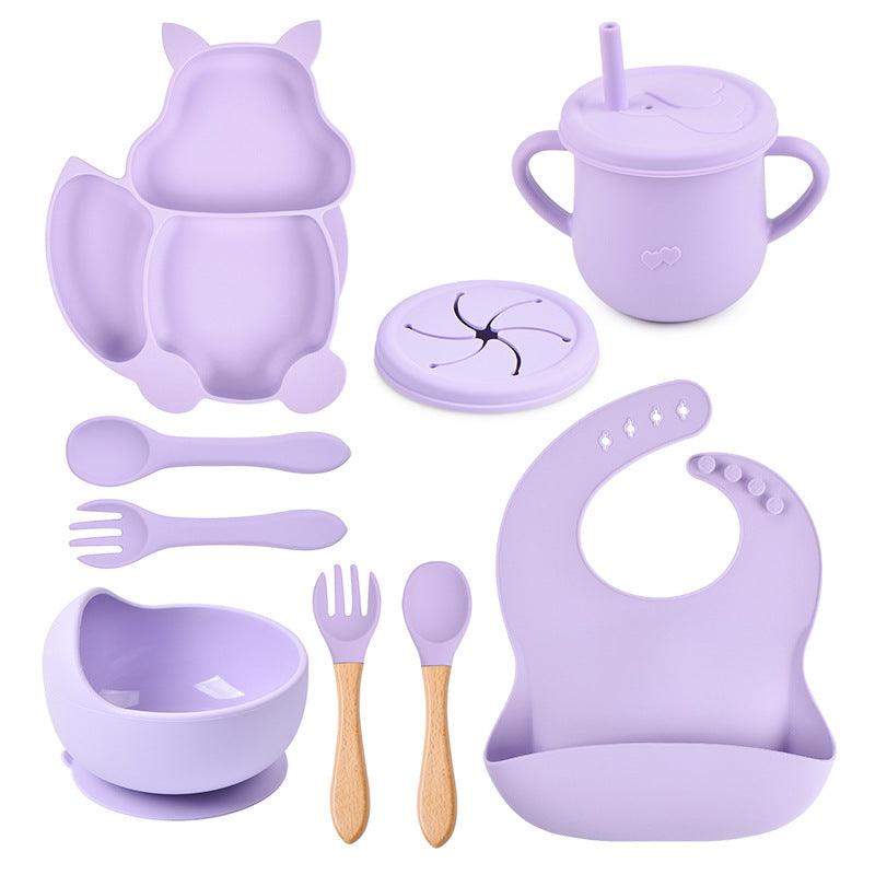 8 PCs Babies' Tableware Set Squirrel Dinner Plate Cup With Straw