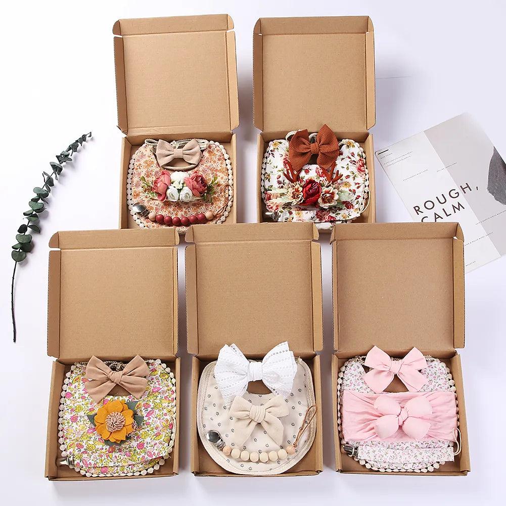 4Pcs/Set Flower Print Baby Bib & Burp Cloths Sets