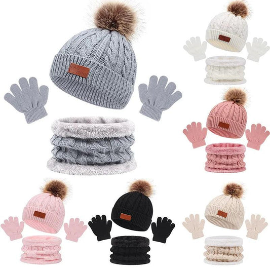 Children Winter Warm Suits Knitted Hat Scarf and Gloves Set For Girls Boy 1-5y