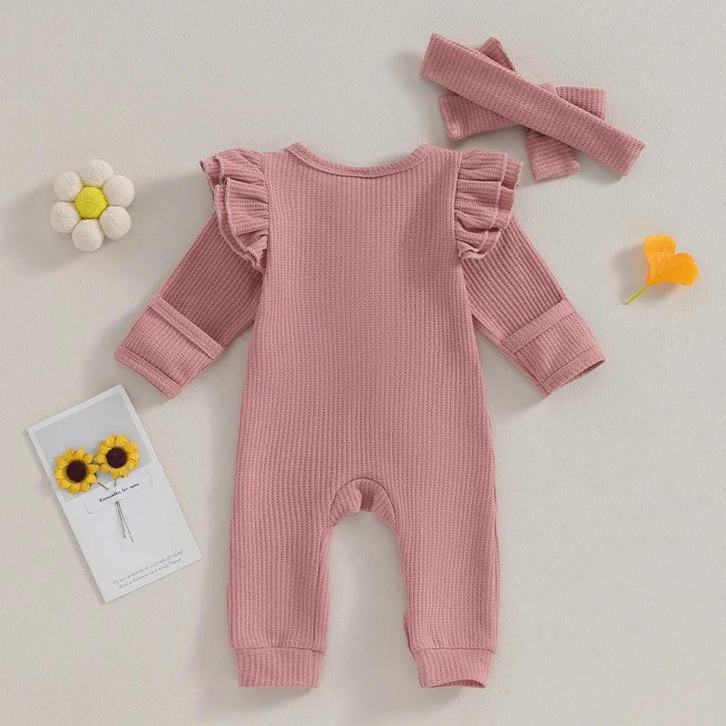 Newborn Infant Solid Color Waffles Jumpsuits Long Sleeve with Headband Sets