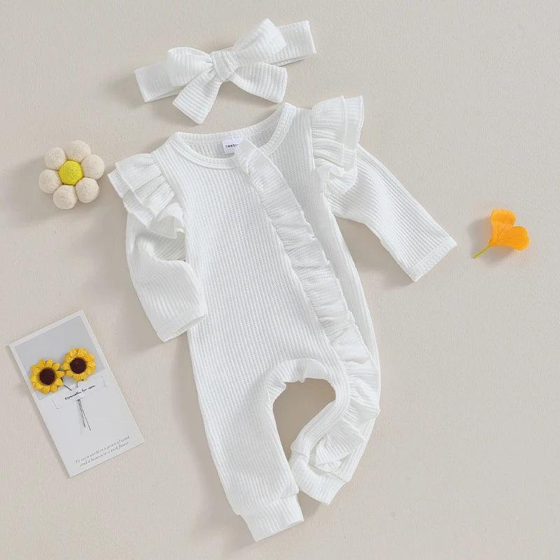 Newborn Infant Solid Color Waffles Jumpsuits Long Sleeve with Headband Sets