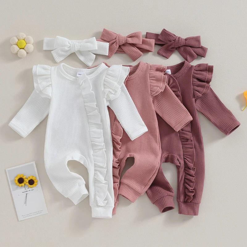 Newborn Infant Solid Color Waffles Jumpsuits Long Sleeve with Headband Sets