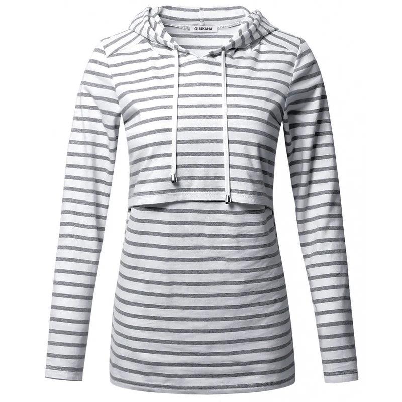 Maternity Nursing Tops Long Sleeve Striped Breastfeeding Sweatshirt Hooded T-shirt Clothes for Pregnancy Women