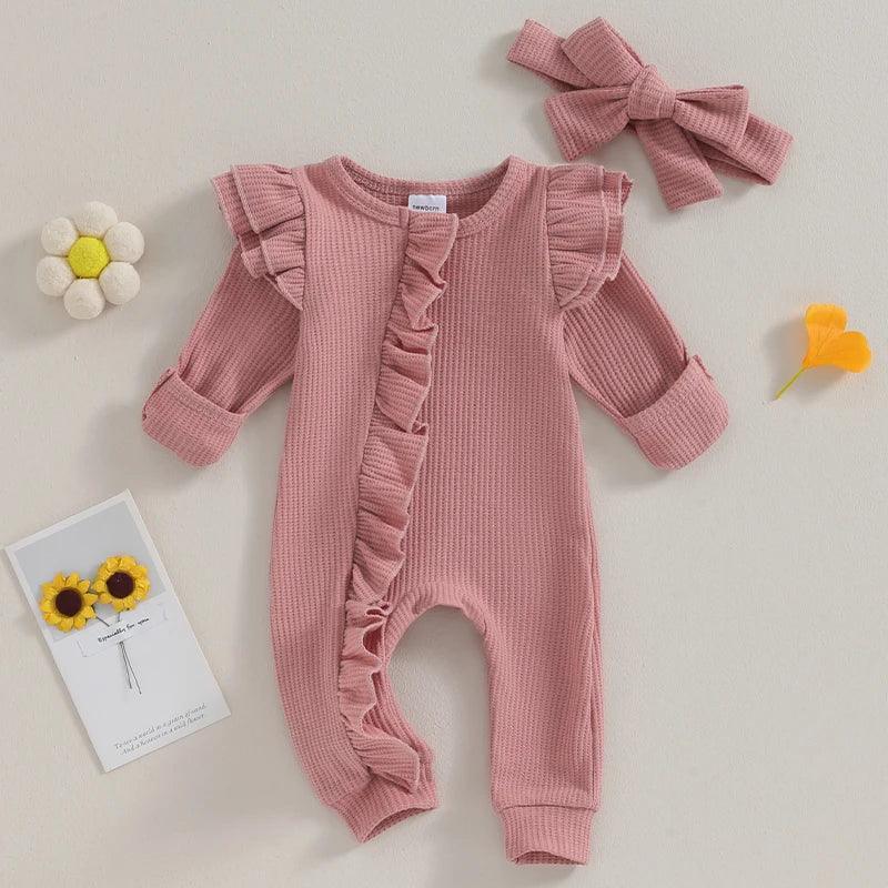 Newborn Infant Solid Color Waffles Jumpsuits Long Sleeve with Headband Sets