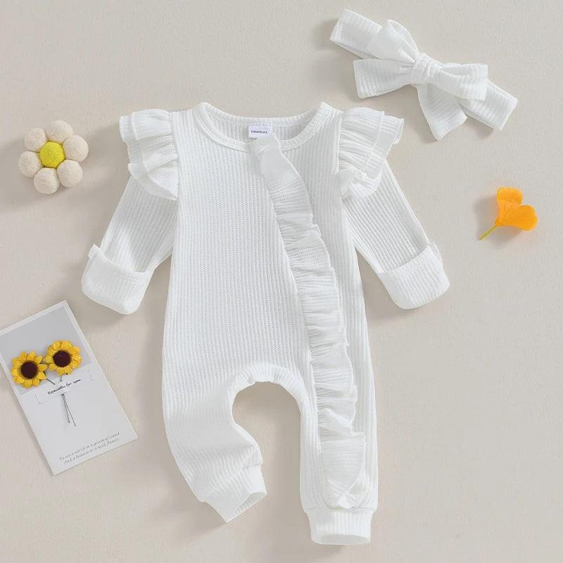 Newborn Infant Solid Color Waffles Jumpsuits Long Sleeve with Headband Sets