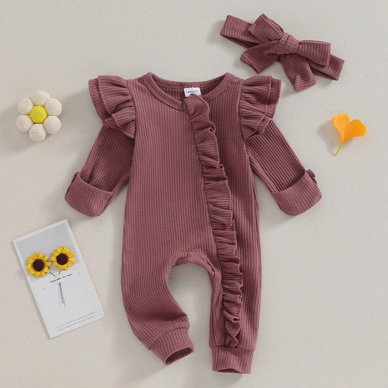 Newborn Infant Solid Color Waffles Jumpsuits Long Sleeve with Headband Sets