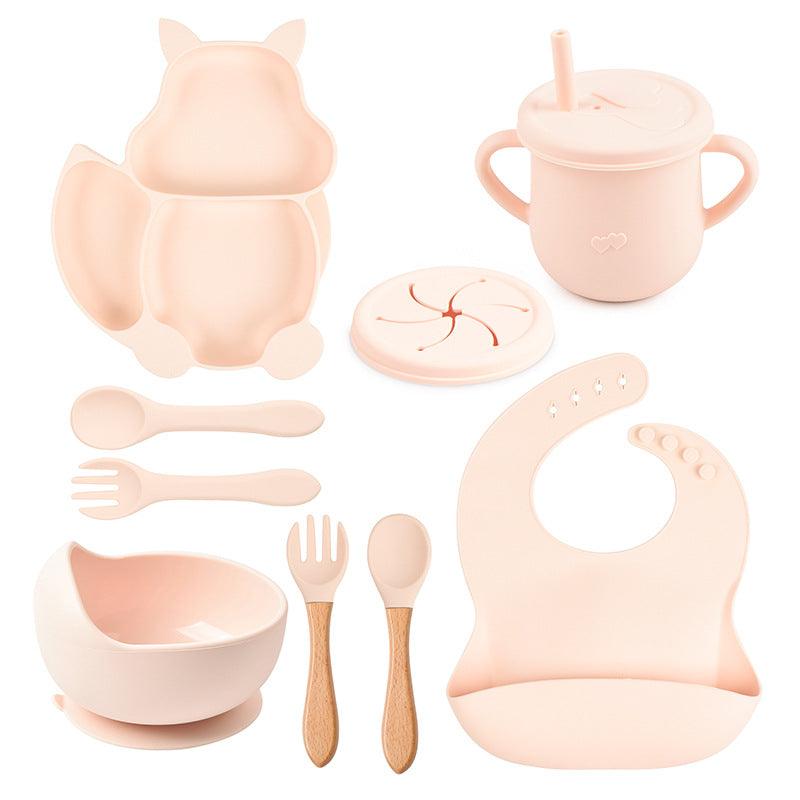 8 PCs Babies' Tableware Set Squirrel Dinner Plate Cup With Straw