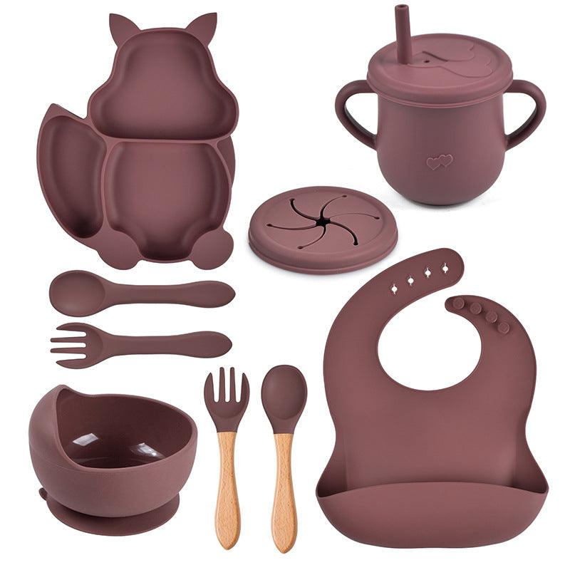 8 PCs Babies' Tableware Set Squirrel Dinner Plate Cup With Straw