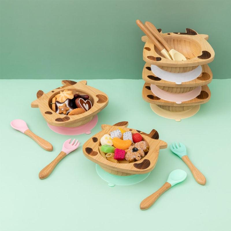 Bamboo  Animal Dinner  Bowl And Plate Silicone Spoon Set