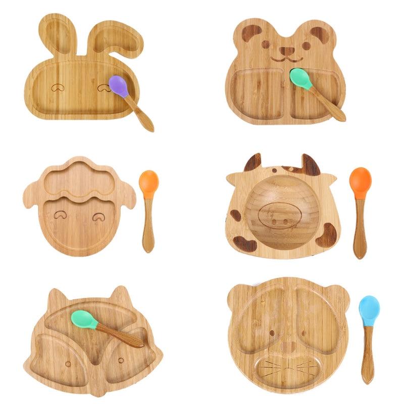 Bamboo  Animal Dinner  Bowl And Plate Silicone Spoon Set