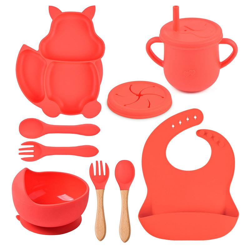 8 PCs Babies' Tableware Set Squirrel Dinner Plate Cup With Straw