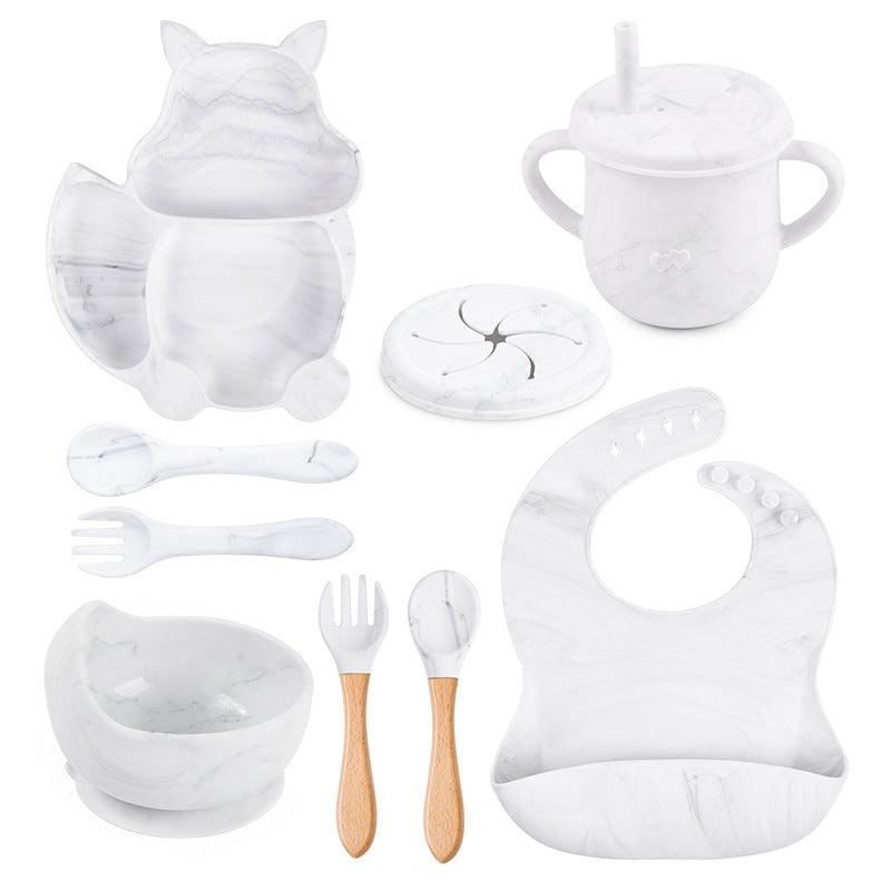 8 PCs Babies' Tableware Set Squirrel Dinner Plate Cup With Straw