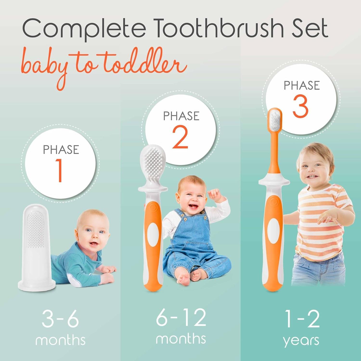 Baby Toothbrush Set (3-24 Months) - Bpa-Free Baby Finger Toothbrush, Training Toothbrush & Toddler Toothbrush - Designed in Canada - Complete Baby’S First Toothbrush Kit (Orange)