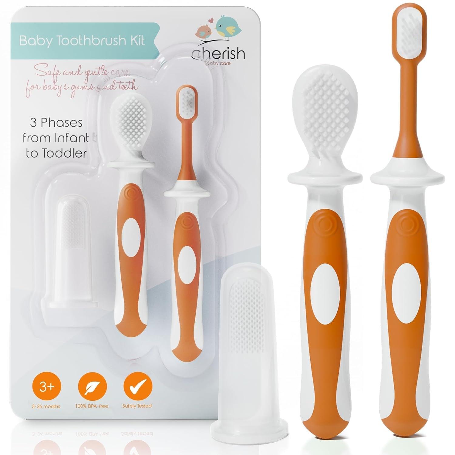 Baby Toothbrush Set (3-24 Months) - Bpa-Free Baby Finger Toothbrush, Training Toothbrush & Toddler Toothbrush - Designed in Canada - Complete Baby’S First Toothbrush Kit (Orange)