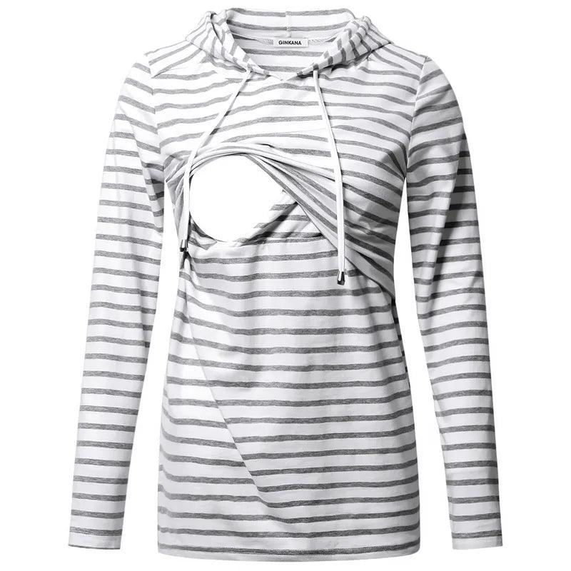 Maternity Nursing Tops Long Sleeve Striped Breastfeeding Sweatshirt Hooded T-shirt Clothes for Pregnancy Women