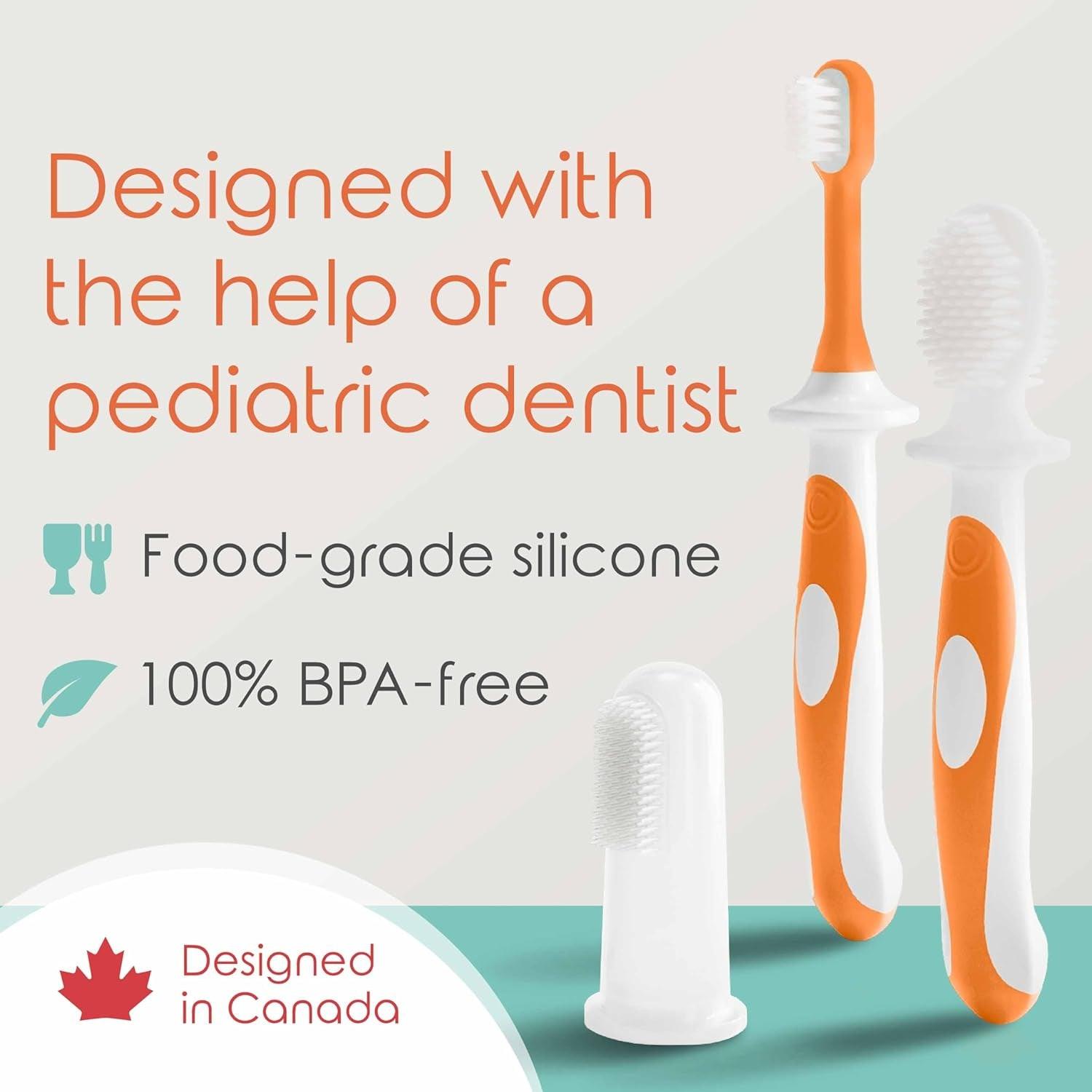 Baby Toothbrush Set (3-24 Months) - Bpa-Free Baby Finger Toothbrush, Training Toothbrush & Toddler Toothbrush - Designed in Canada - Complete Baby’S First Toothbrush Kit (Orange)